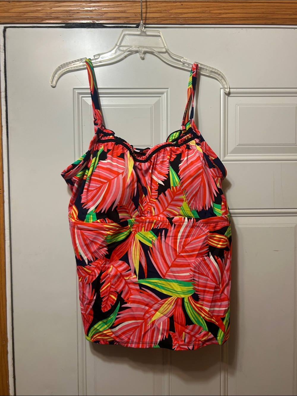 Tropical Leaf Print Tankini Top - Bright Coral & Green 20W